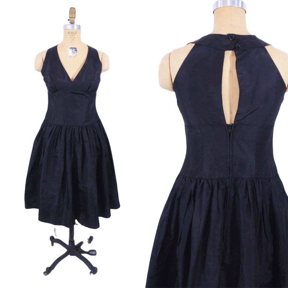 Vintage 1980s Halter Taffeta Dress Black Full Skirt Cocktail | W 29"